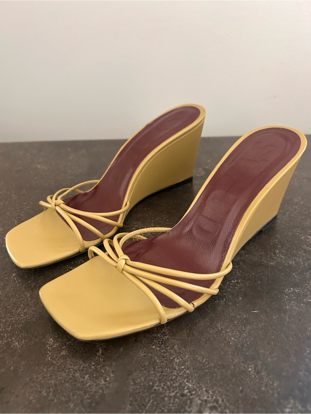 STAUD Yellow Knotted Strappy Slide Heels with Burgundy Insole - Picture 2 of 10